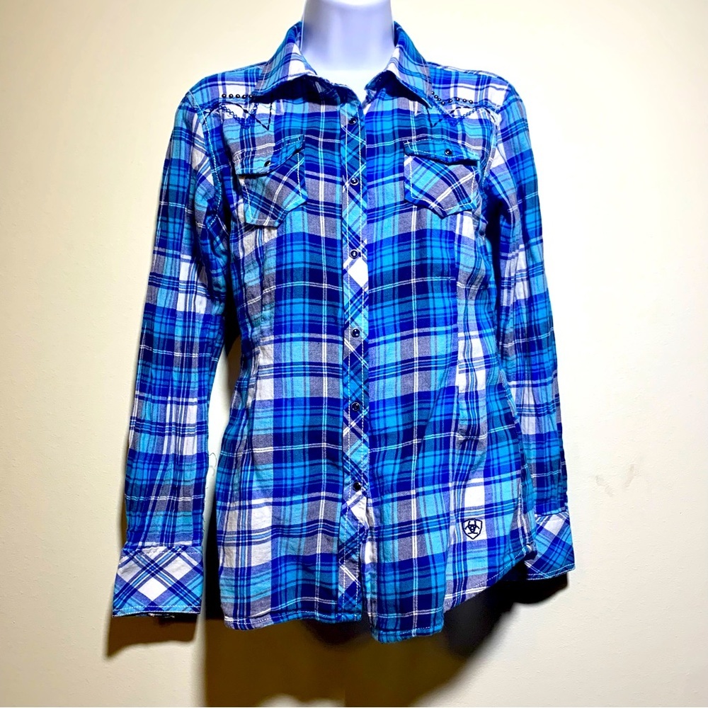 Ariat Shirt Women's Fitted Small Snap White Blue Pockets Flannel Embroidered